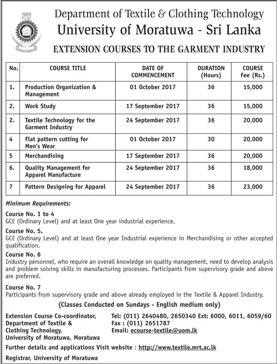 Extension Courses to the Garment Industry - Department of Textile & Clothing Technology - University of Moratuwa